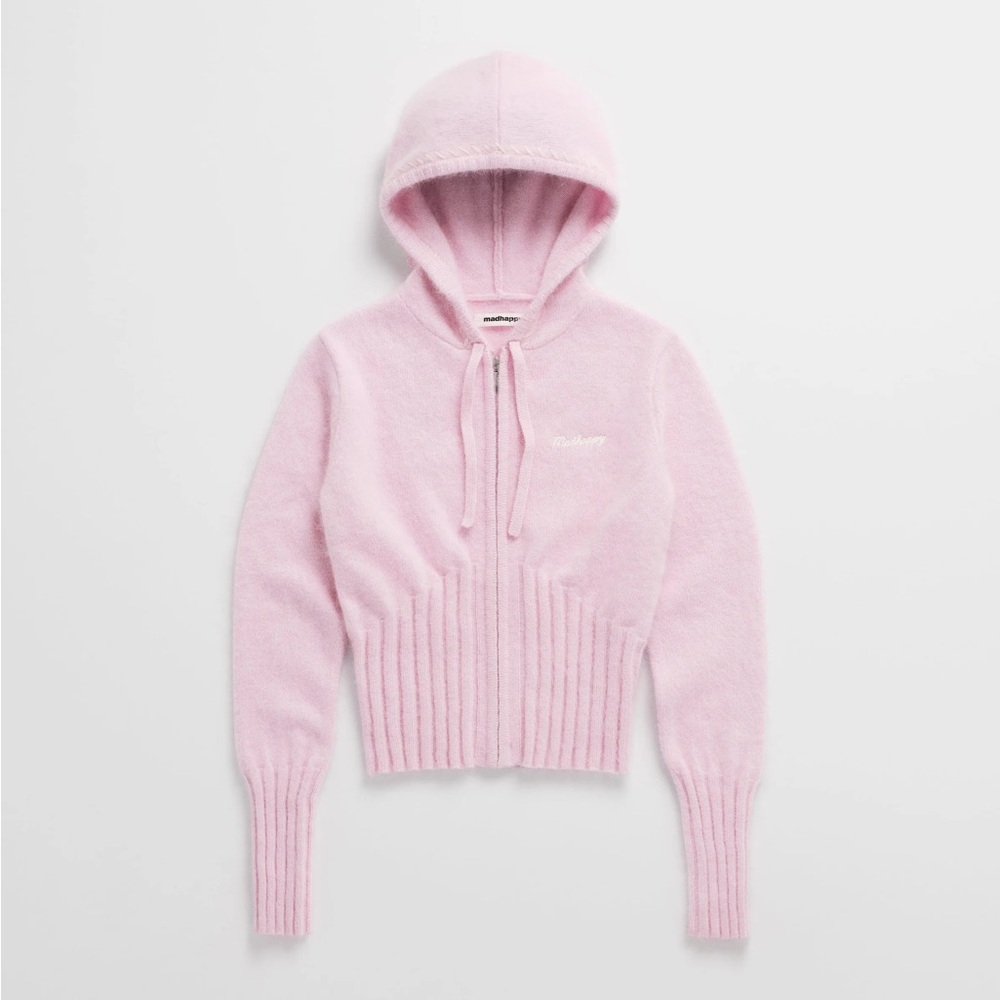 Madhappy Fuzzy Knit Zip Hoodie in Crystal (Light Pink)